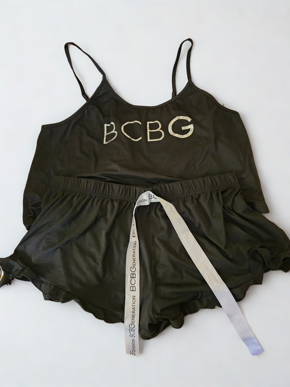 BCBG Black Satin Logo Cami and Shorts Set